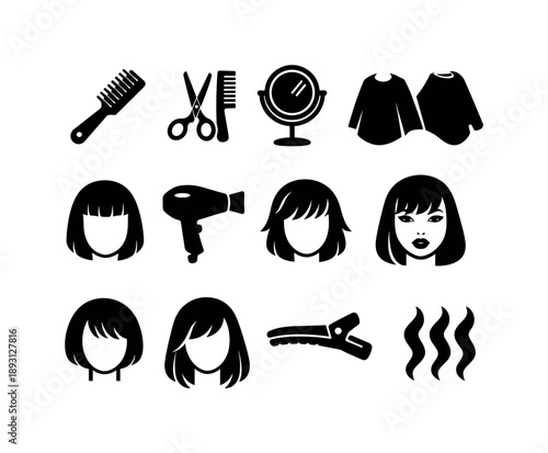 Haircut Icons Grid. Cutting bangs illustration beauty. Solid icon set of Cutting bangs illustration beauty: hairbrush, styling tools, beauty mirror, salon