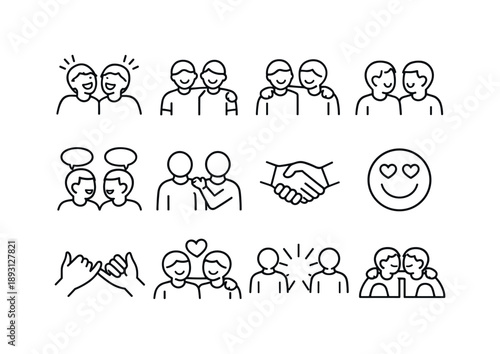 Friendship Icon Set. Happy friendship. Line icon set of Happy friendship: best friends laughing, side by side friends, arm around shoulder, shared smile,