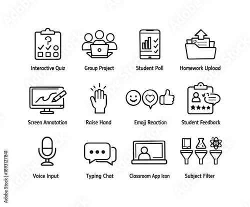 Virtual Learning Icons. Virtual Learning Activities. Line icon set of Virtual Learning Activities: interactive quiz, group project, student poll, homework