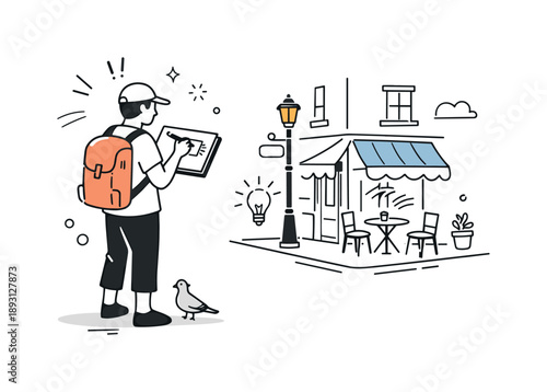 Creative Street Sketching. Urban sketchers scene. A person standing and drawing a street corner with quick confident lines. Sense of movement, observation, and