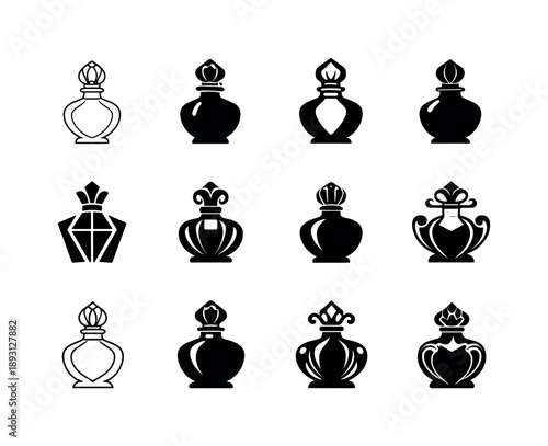 Perfume Bottle Logos. Perfume bottle. Icon set. Set Logo of Perfume bottle: ornate vintage stopper. harmonious logo variations of the same emblematic concept,