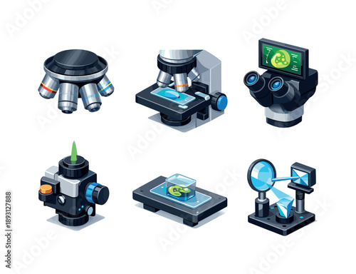 Advanced Microscopy Icons. Advanced microscopy. Isometric flat vector icons set of advanced microscopy: precision lens cluster, microscope close-up mechanics,