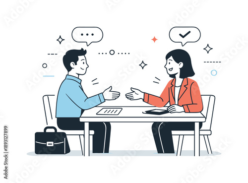 Friendly Interview Encounter. Job interview. Candidate and interviewer sitting across a table exchanging introductions and smiles. Calm professional atmosphere