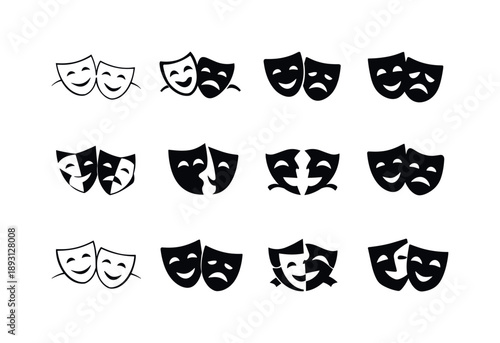 Theater Masks Logos. Theater performance. Icon set. Set Logo of theater performance: comedy and tragedy masks. harmonious logo variations of the same