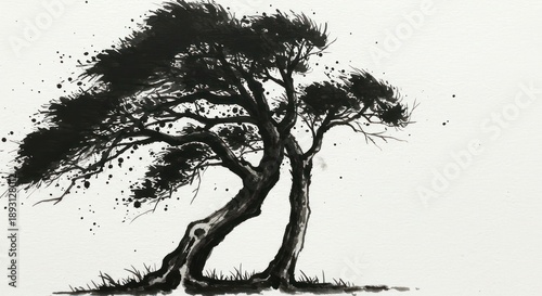 Two windswept trees, ink drawing on white paper. Asian painting brush style
