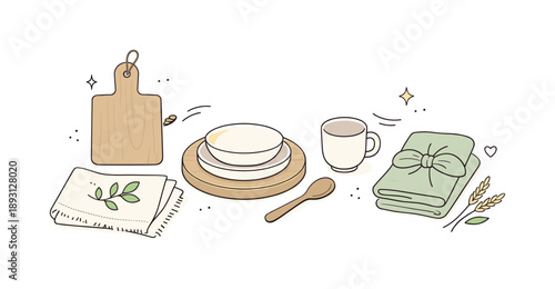 Calm Food Styling. Natural food styling props. Wooden boards, linen napkins, and simple ceramic dishes arranged neatly, creating a calm organic food styling