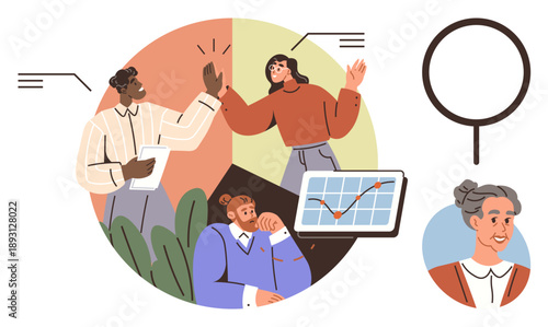 Teamwork, leadership, communication, business strategy, professional growth, diverse collaboration. Professionals interacting with charts and celebrating ideas. Teamwork and leadership concept