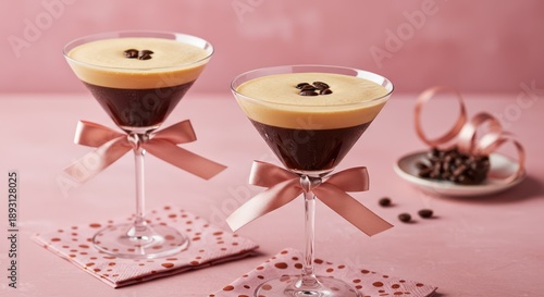 Two layered coffee cocktails, garnished with coffee beans and pink ribbons, on a pink background.