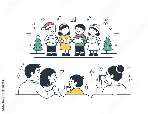 Kids' Holiday Concert. Kids performing holiday concert audience moment. Children singing while parents watch and smile from the audience. Proud support and