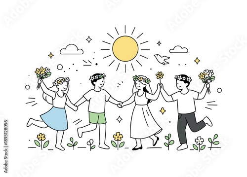 Solstice Dance Celebration. Midsummer solstice festival. Friends dance and hold flowers under a bright sun, celebrating nature and seasonal renewal. The mood