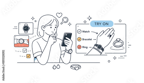 Virtual Accessory Fitting. Digital accessory fitting. A user tries virtual watches and jewelry using an AR app before buying. Thoughtful choice, modern retail