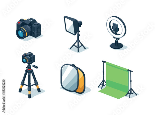 Photo Studio Icons. Photo studio. Isometric flat vector icons set of photo studio: studio camera, softbox light, ring light, tripod with camera, reflector