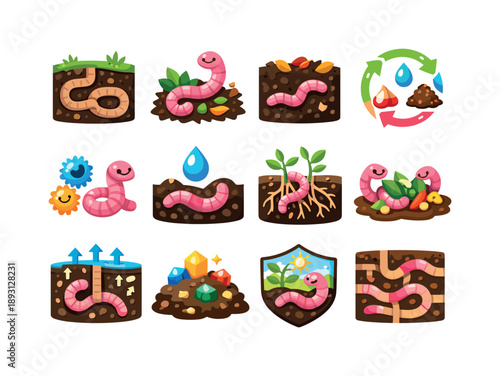 Colorful Soil Worm Icons. Soil Worms. Colorful flat vector icons set of Soil Worms: soil burrow diagram, decomposer worm, humus layer worm, nutrient cycle