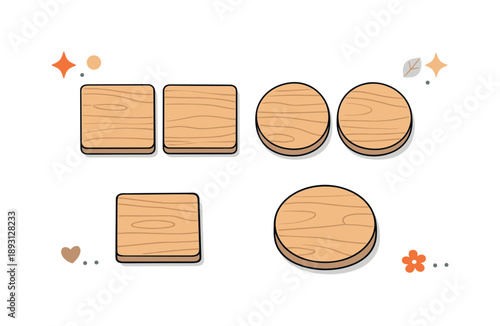 Minimalist Wooden Coasters. Wooden coasters minimal. Several square and round wooden coasters displayed side by side, suggesting choice and thoughtful home