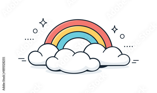 Hopeful Rainbow Illustration. Rainbows and clouds. Modern minimal illustration showing a simple rainbow emerging from clouds, expressing hope and positivity.