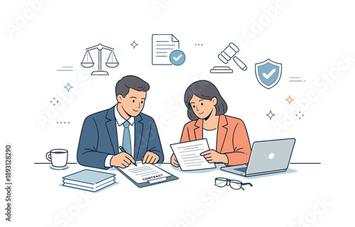 Legal Advisors Collaborating. Corporate legal advisors at work. Legal advisors reviewing contracts together at a desk, calm professional discussion and focused