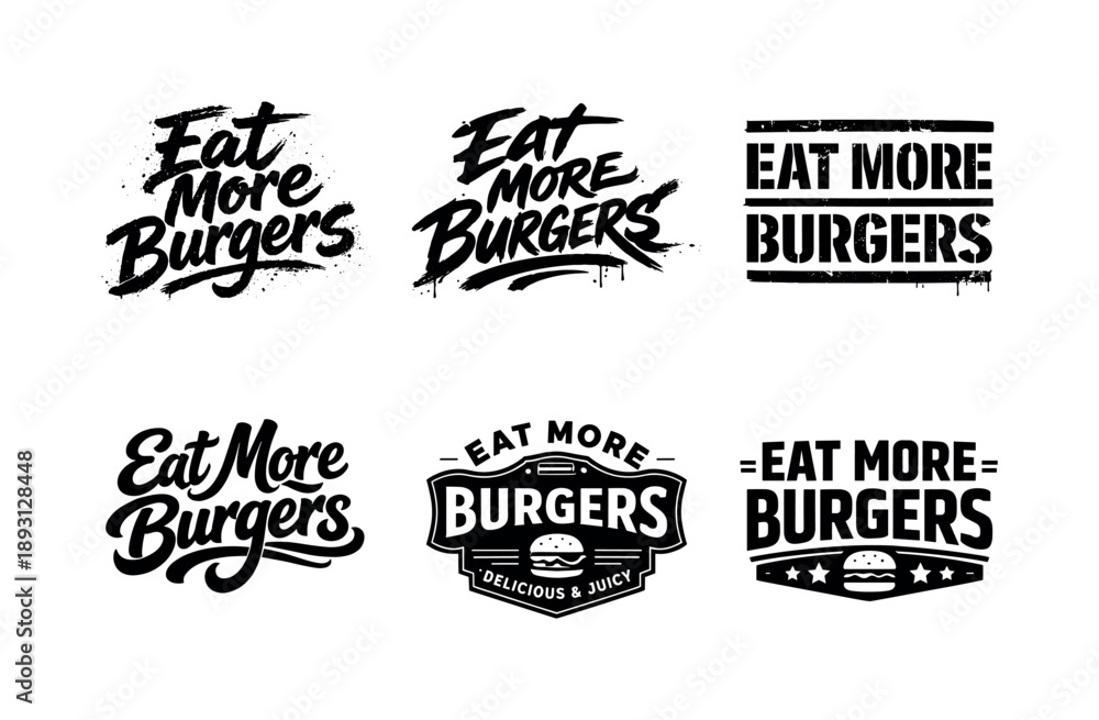 Fototapeta premium Diverse Burger Typography. Eat More Burgers. Set lettering. harmonious lettering variations of the same emblematic concept, each with different artistic