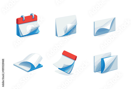 Page Turn Icons. PageTurn. Isometric flat vector icons set of page turn: calendar page flipping, turning paper sheet, curled page corner, page mid-turn,