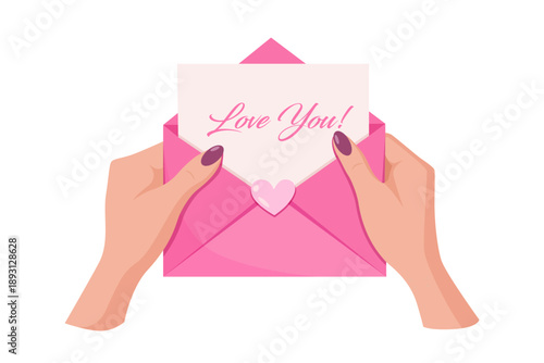 Hands Holding Pink Love Envelope with Romantic Valentine Card, Love You Message Illustration, Cute Valentine’s Day Greeting Design for Wedding, Social Media, Branding and Digital Marketing.