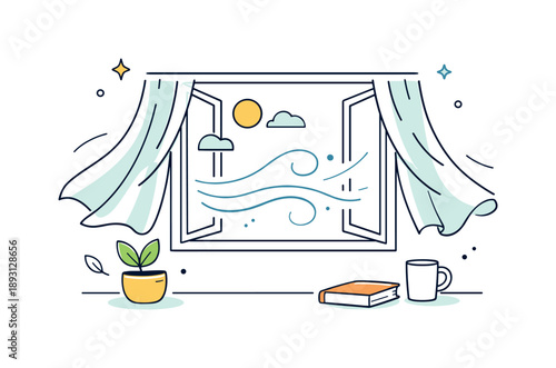 Breezy Minimalist Interior. Fresh air through open window. Minimal interior scene with open window and flowing curtains, conveying lightness, comfort and