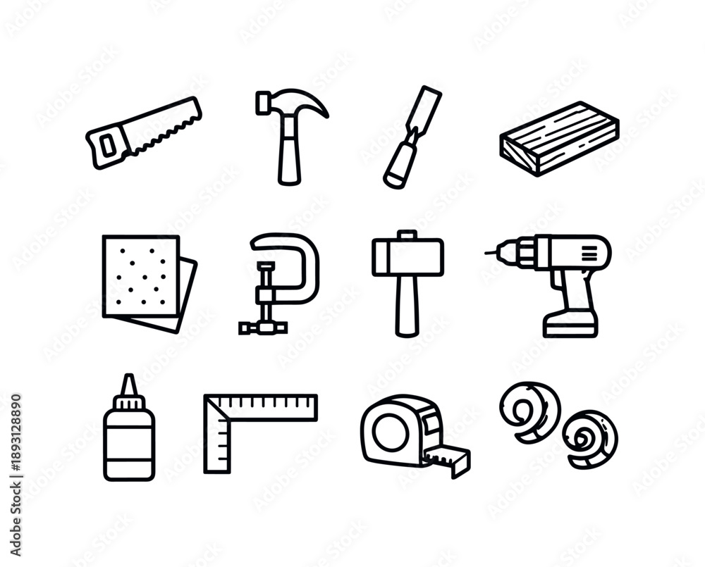 Fototapeta premium DIY Woodworking Icons. DIY woodworking. Line icon set of DIY woodworking: saw, hammer, chisel, wood plank, sandpaper, clamp, mallet, drill, wood glue bottle,