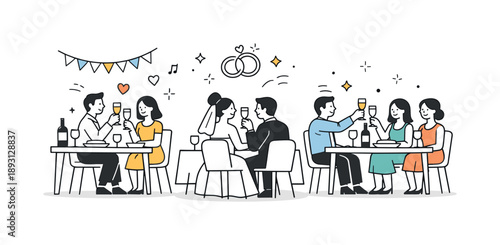 Joyous Wedding Reception. Wedding celebration reception. Guests sitting at tables, chatting and raising glasses in a relaxed setting. Friendly gathering and