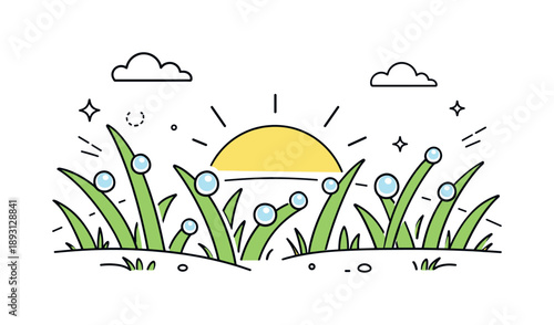 Morning Dew Serenity. June morning dew on grass. A low-angle view of grass with dew shimmering softly as the sun rises. The mood feels calm, hopeful, and