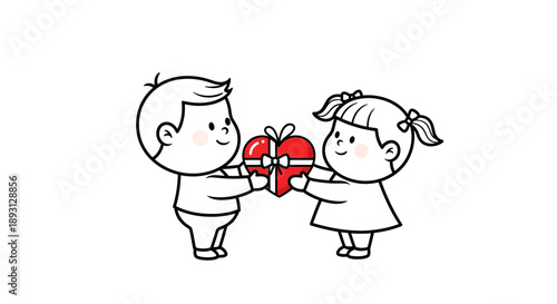 A cute cartoon illustration of a boy and girl exchanging Valentine's Day gifts, with a heartwarming symbol of love and friendship on a plain background.