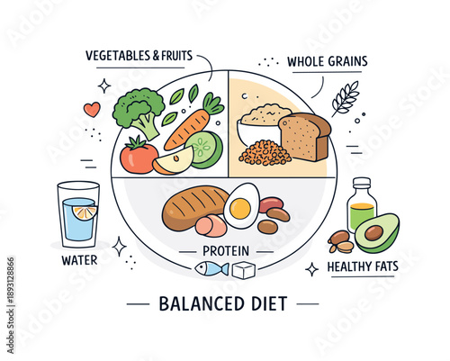 Balanced Diet Illustration. Healthy eating and nutrition for self-care ? balanced diet. Plate divided into healthy portions with vegetables, grains, and