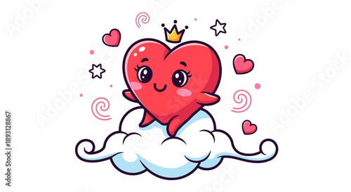 A cute cartoon Valentine heart character with a crown sits on a cloud surrounded by symbols and icons, conveying a happy Valentine's Day theme in a playful, illustrated style with bright