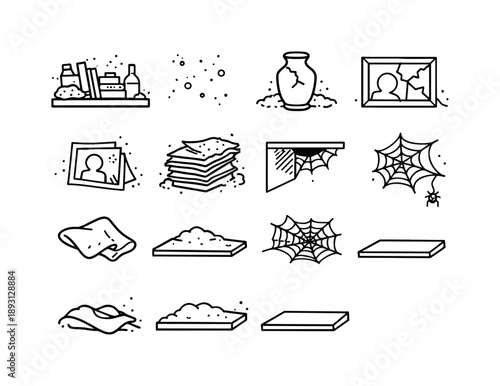 Neglected Shelf Icons. Neglected Shelf. Line icon set of Neglected Shelf: shelf with clutter, light dust scatter, long-settled items, dust particles, old vase,