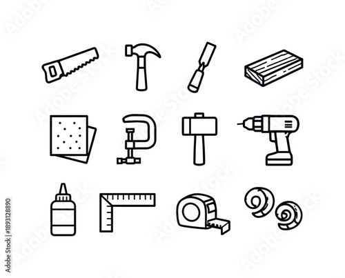 DIY Woodworking Icons. DIY woodworking. Line icon set of DIY woodworking: saw, hammer, chisel, wood plank, sandpaper, clamp, mallet, drill, wood glue bottle,