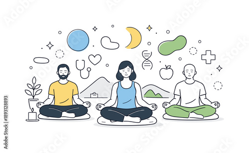 Meditative Wellness Retreat. Mindfulness and meditation. Participants meditating in a calm retreat setting with abstract calming shapes floating around. Focus