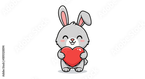 A cute cartoon rabbit holding a red heart symbol on a white background, representing love for Valentine's Day with a cheerful and affectionate mood.