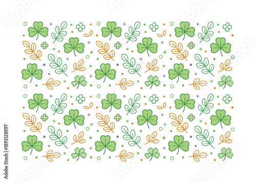 Irish Shamrock Pattern. Irish pattern flat design. Repeating shamrocks and simple leaves arranged in a clean, balanced rhythm. Calm decorative pattern inspired