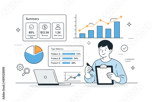 Analyst's Balanced Report. Data analytics reporting. Analyst preparing a report with charts and summary cards neatly arranged. Sense of completion, accuracy,