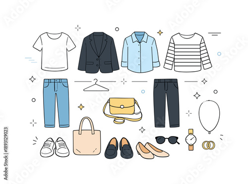 Minimalist Wardrobe Essentials. Everyday essentials wardrobe. A small collection of timeless clothing items displayed cleanly, shoes and accessories placed