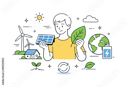 Sustainable Energy Illustration. Green energy solution illustration. Person holding or interacting with energy elements like solar panels, leaves, or wind