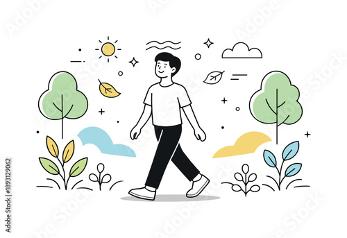 Mindful Forest Walk. Mindful nature walk. A person strolling through a forest, hands relaxed, breathing calmly, surrounded by leaves and abstract natural