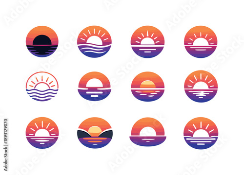 Sunrise Sunset Icon Set. Sunrise and sunset. Icon set. Set Logo of sunrise and sunset: twilight gradient circle. harmonious logo variations: Filled silhouette,