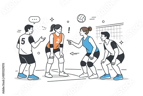 Volleyball Team Spirit. Teamwork in volleyball. Players communicating and positioning on the court, calm collaboration mixed with sporty energy. Minimalist