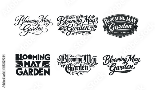 Blooming Lettering Variations. Blooming May garden. Set lettering. harmonious lettering variations of the same emblematic concept, each with different artistic