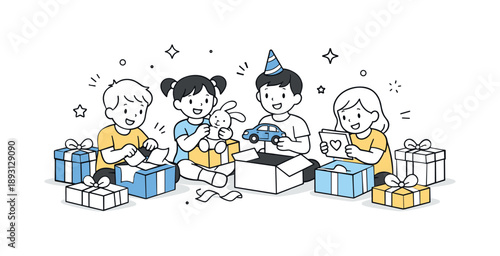 Cheerful Gift Opening. Kids opening presents party. Group of children sitting among gift boxes and soft decorations. Playful celebration and cheerful shared