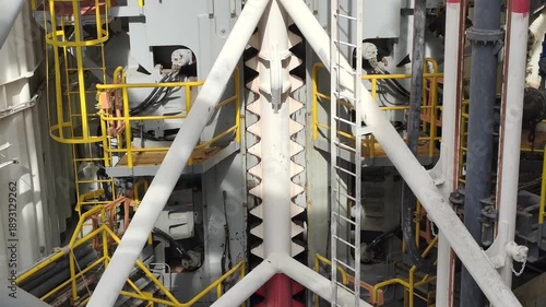 Jack up rig legs, fixation system and jacking motor on a jack up rig.
