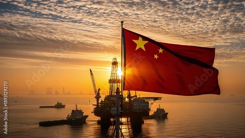 National flag of China waving in the wind with an offshore oil rig and industrial ships at sunset, representing energy production and maritime industry.