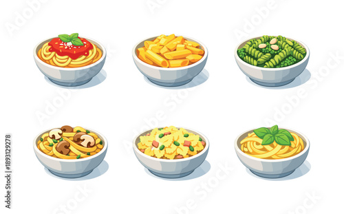 Pasta Bowl Variety. Pasta bowl. Isometric flat vector icons set of pasta bowl: spaghetti with tomato sauce, penne with cheese, fusilli in pesto, tagliatelle