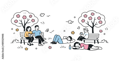 Spring Park Relaxation. Relaxing in spring park. A simple editorial scene with people sitting on benches or lying on the grass under blooming trees. The mood