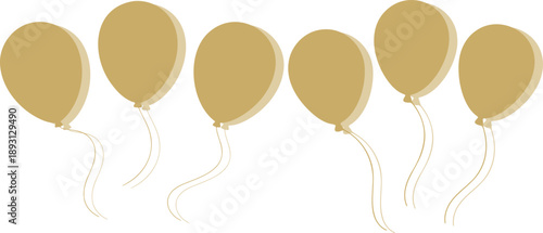 Five gold balloons with ribbons on white background
