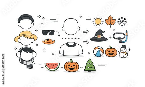 Seasonal Avatar Kit. Seasonal avatar system. Abstract scene showing interchangeable heads, accessories and seasonal symbols forming a modular avatar kit.