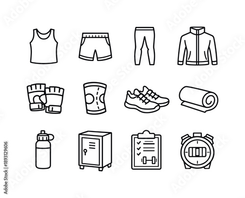 Training Gear Icons. Training Wear. Line icon set of Training Wear: gym tank top, workout shorts, compression leggings, zip jacket, lifting gloves, knee